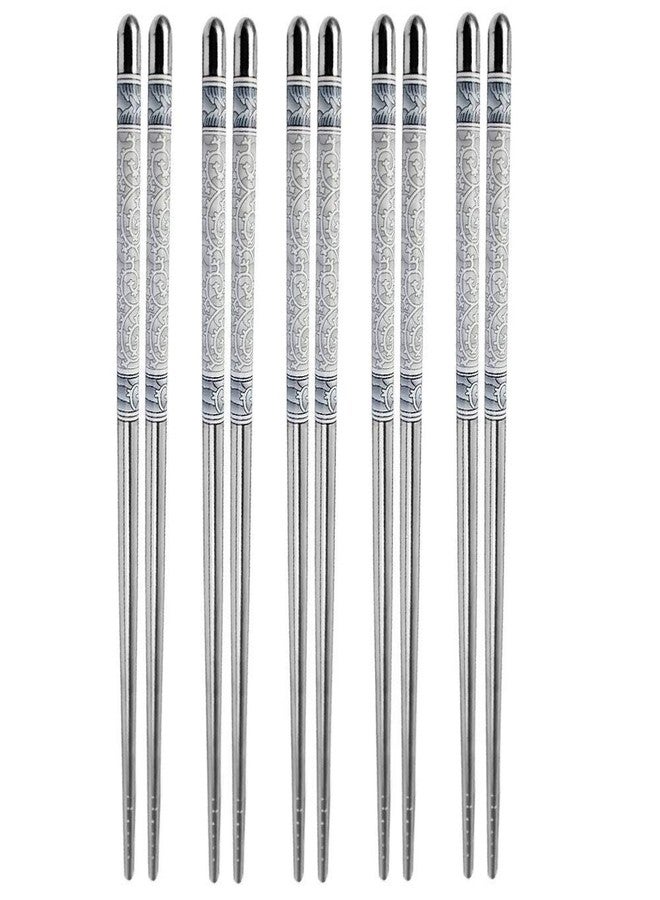 Iktu 5 Pair Reusable Stainless Steel Chopstick Set - Grey and White Porcelain Pattern Non-Slip Chopsticks Tableware Set - 23cm - Image 1